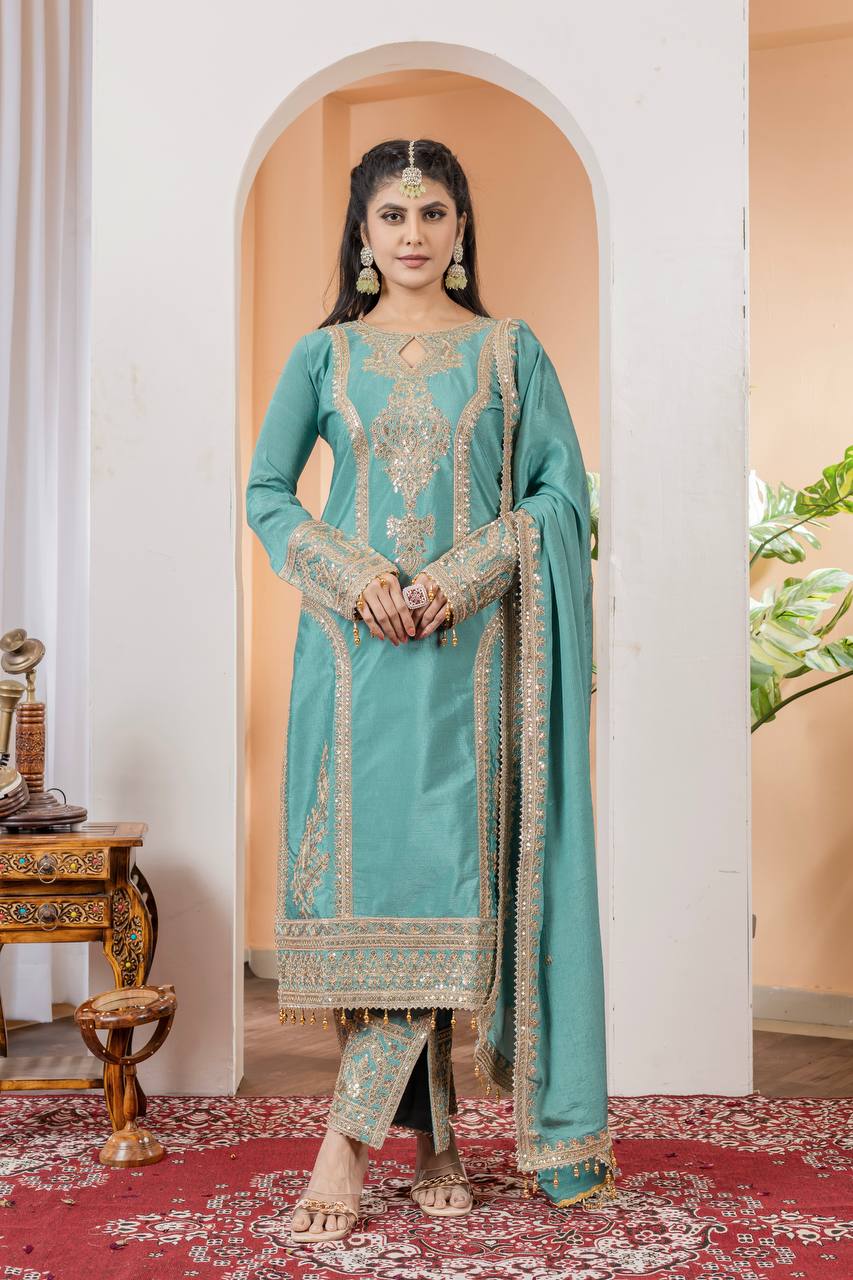 Chinon Silk Embroidered Work Salwar Suit - Jaipur Blossom