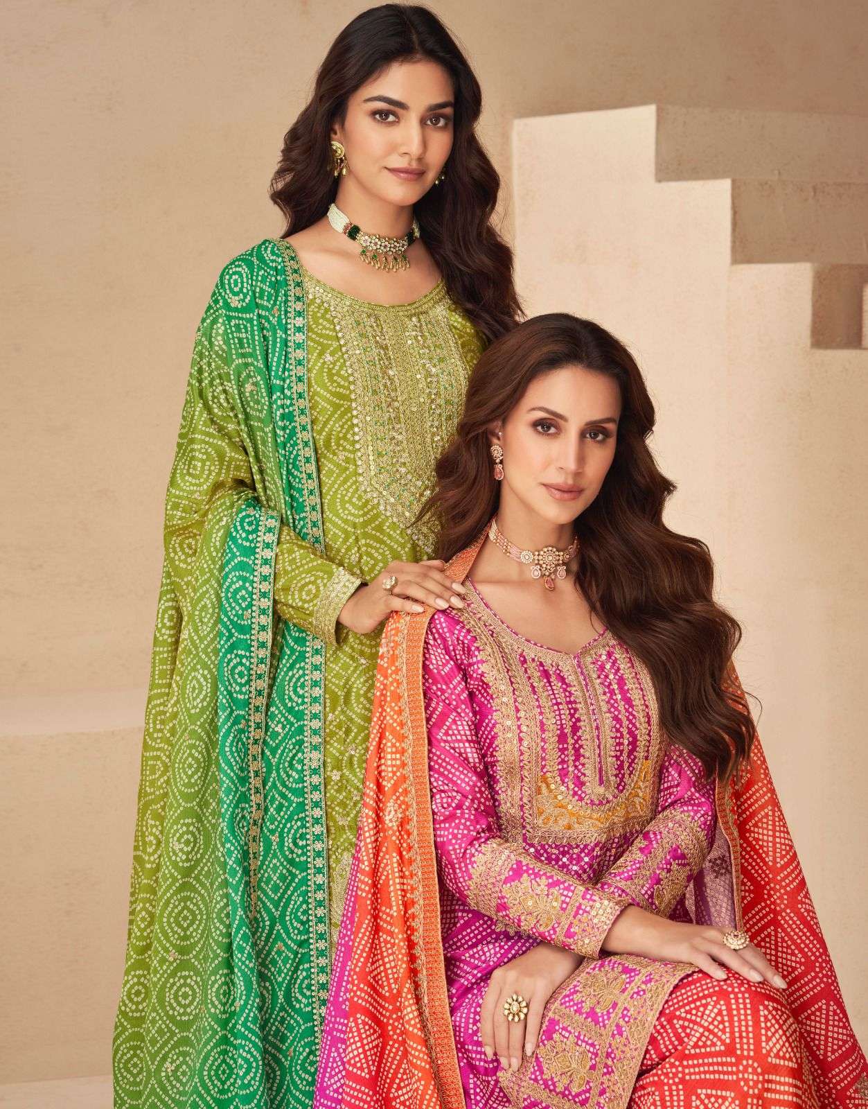 Green Chinon Printed Zari Palazzo Stitched Suit Set - Jaipur Blossom