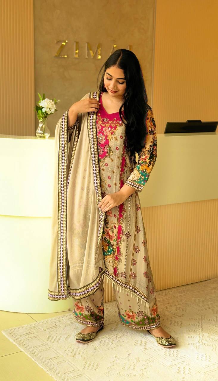 Trendy Ethnic Set Digital A-Line Kurta with Plazzo and Dupatta - Jaipur Blossom