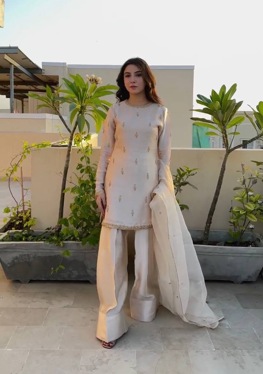 Elegant Cream Natural Satin Top with 5mm Embroidery and Farshi Plazzo - Jaipur Blossom
