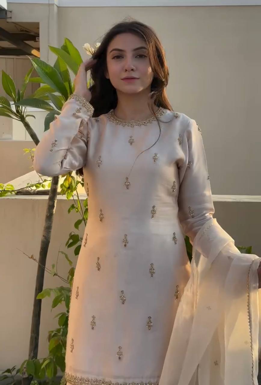 Elegant Cream Natural Satin Top with 5mm Embroidery and Farshi Plazzo - Jaipur Blossom