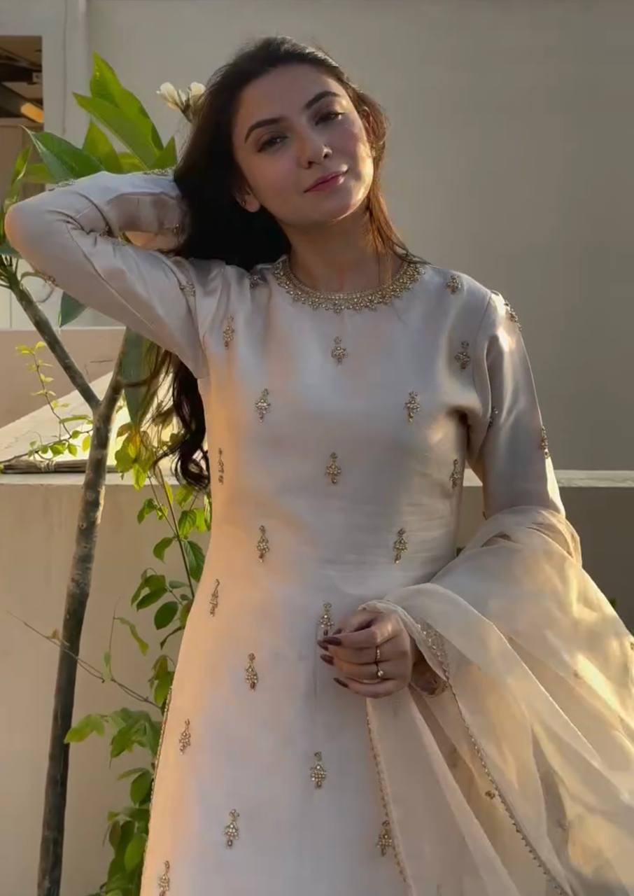 Elegant Cream Natural Satin Top with 5mm Embroidery and Farshi Plazzo - Jaipur Blossom