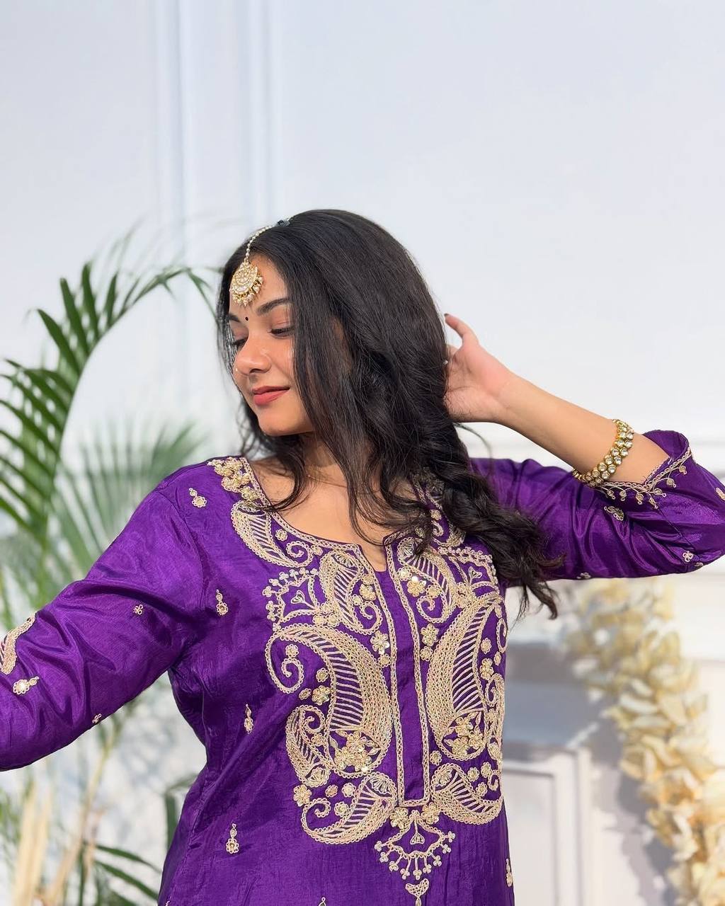Designer Embroidered Chinon Silk Top and Sharara Suit with Fancy Dupatta