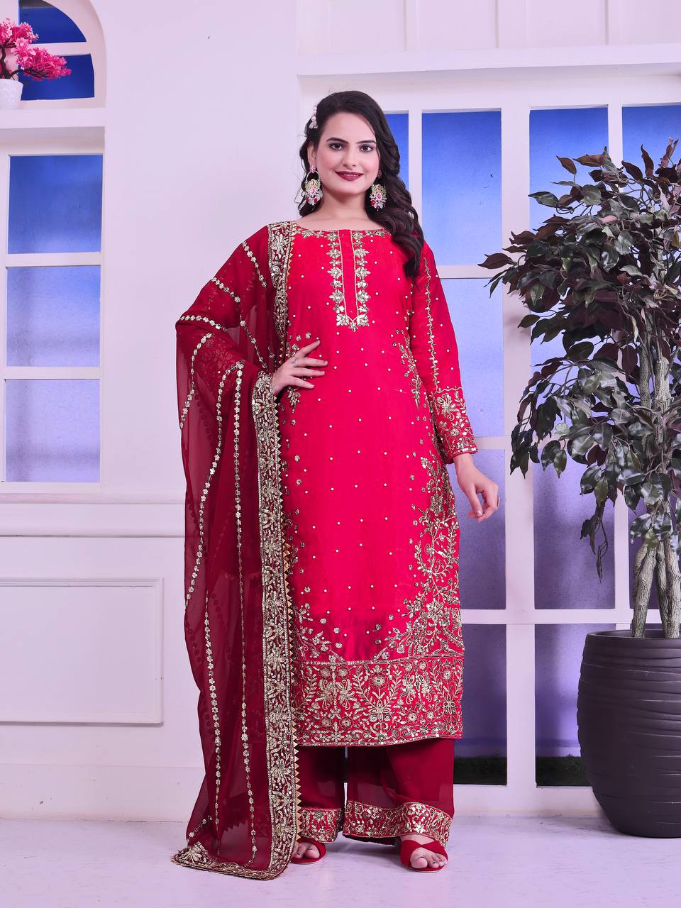 Heavily Embroidered Fancy Top-Plazzo Set with Matching Dupatta - Jaipur Blossom