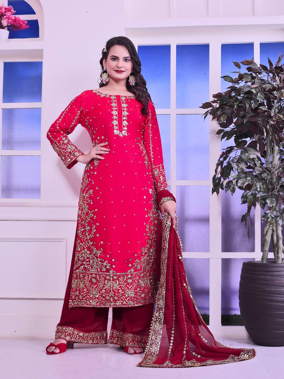 Heavily Embroidered Fancy Top-Plazzo Set with Matching Dupatta - Jaipur Blossom