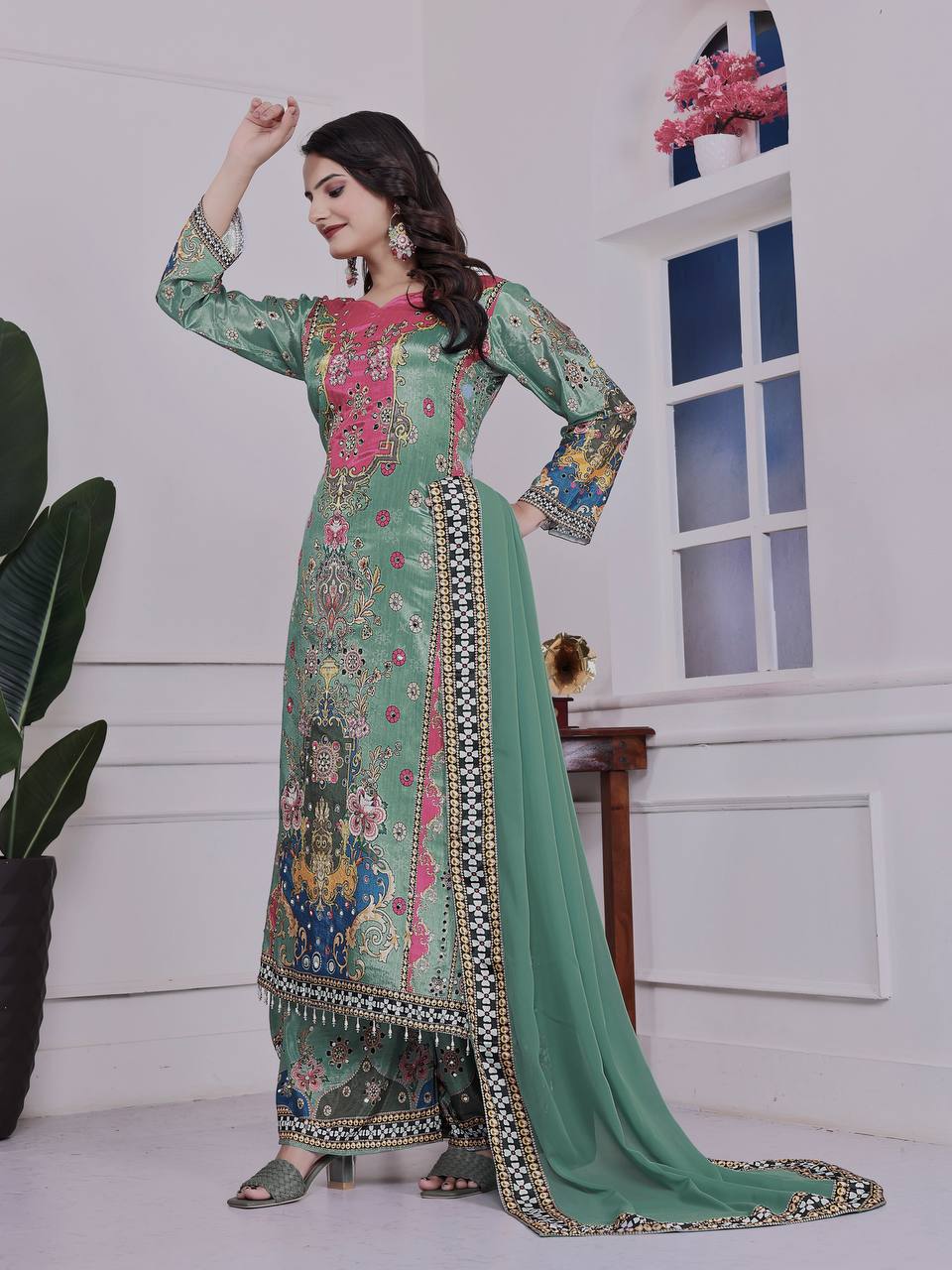 Trendy Ethnic Set Digital A-Line Kurta with Plazzo and Dupatta - Jaipur Blossom