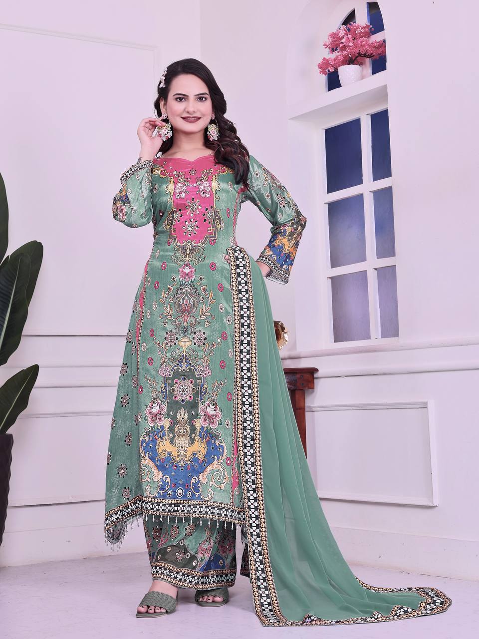 Trendy Ethnic Set Digital A-Line Kurta with Plazzo and Dupatta - Jaipur Blossom