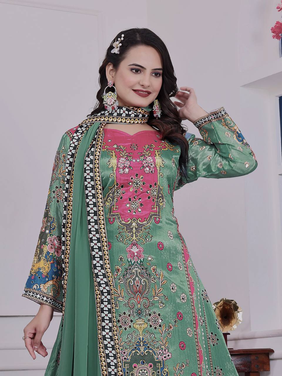 Trendy Ethnic Set Digital A-Line Kurta with Plazzo and Dupatta - Jaipur Blossom