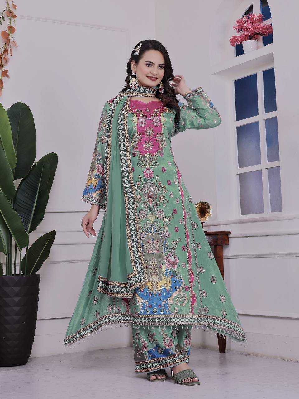 Trendy Ethnic Set Digital A-Line Kurta with Plazzo and Dupatta - Jaipur Blossom