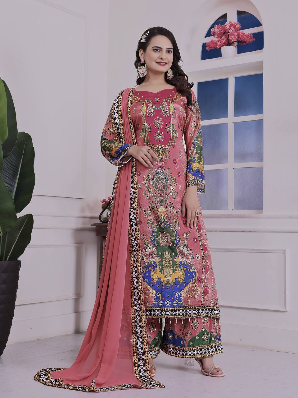 Trendy Ethnic Set Digital A-Line Kurta with Plazzo and Dupatta - Jaipur Blossom