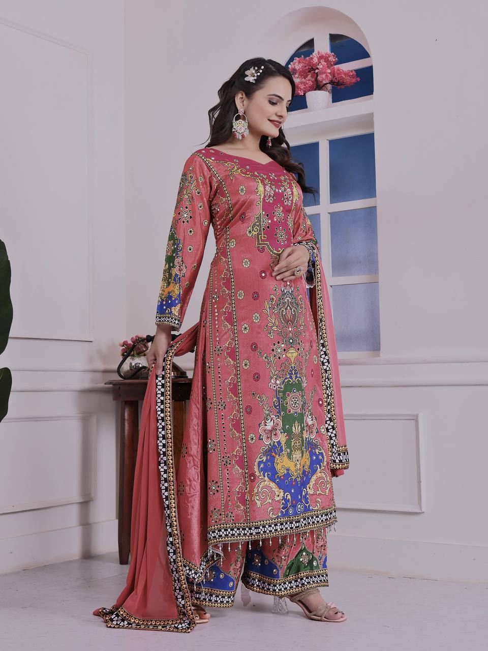 Trendy Ethnic Set Digital A-Line Kurta with Plazzo and Dupatta - Jaipur Blossom