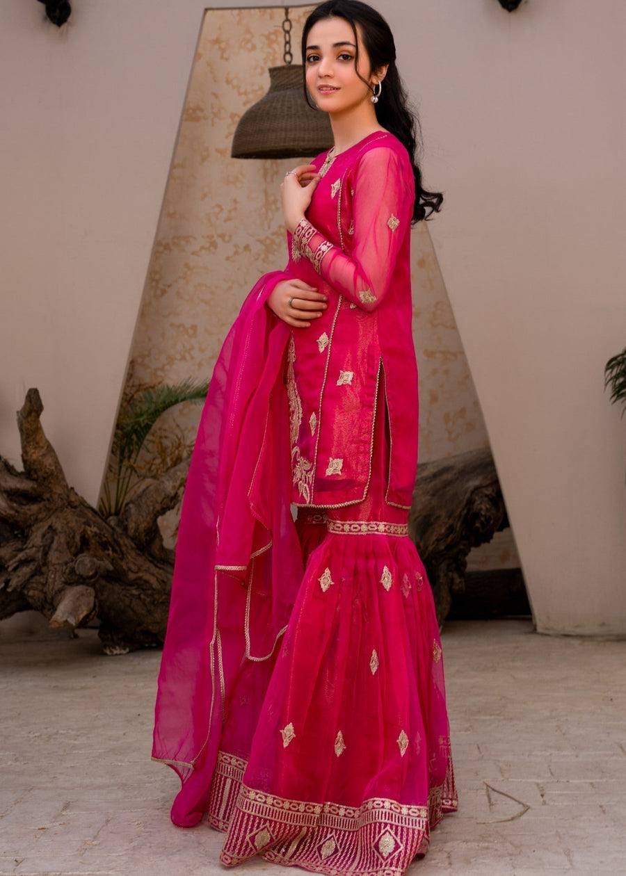 Glamorous Dark Pink Palazzo Suit in Embroidered Diamond Georgette - Jaipur Blossom