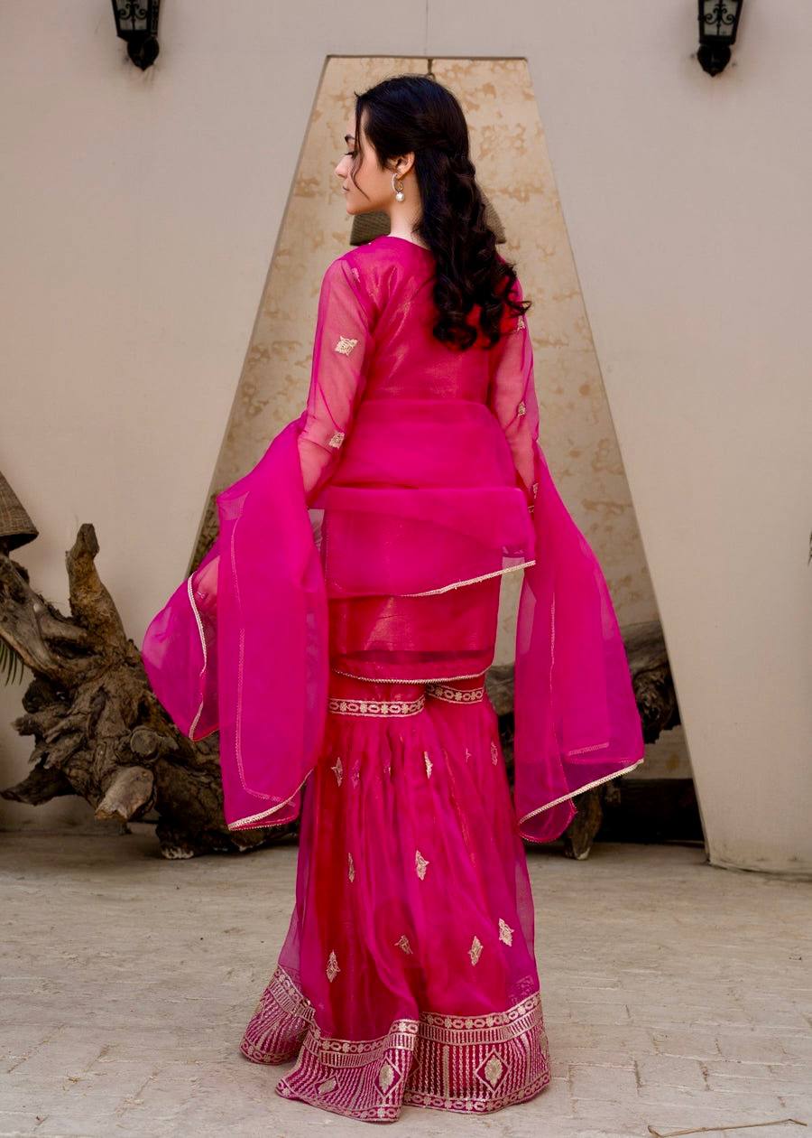 Glamorous Dark Pink Palazzo Suit in Embroidered Diamond Georgette - Jaipur Blossom