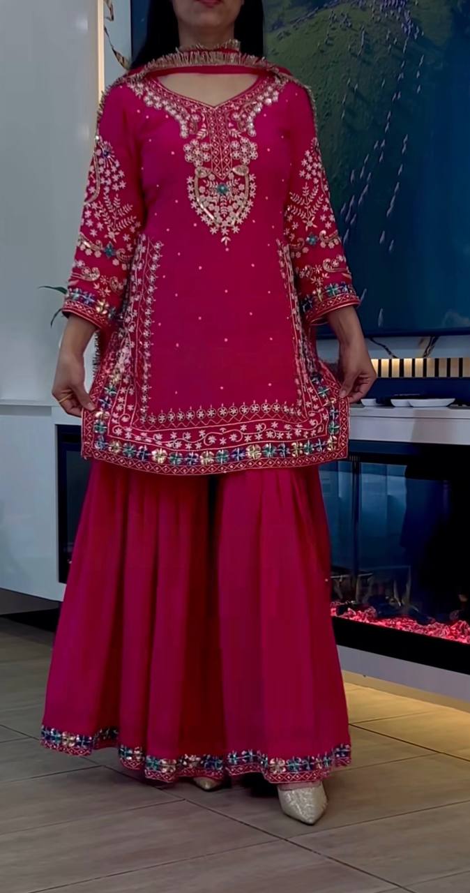 Party Wear Heavy Chinon Sharara Suit with 5mm Embroidery and Lace Border Dupatta