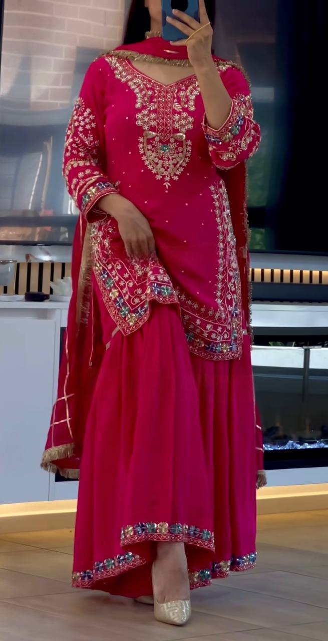 Party Wear Heavy Chinon Sharara Suit with 5mm Embroidery and Lace Border Dupatta