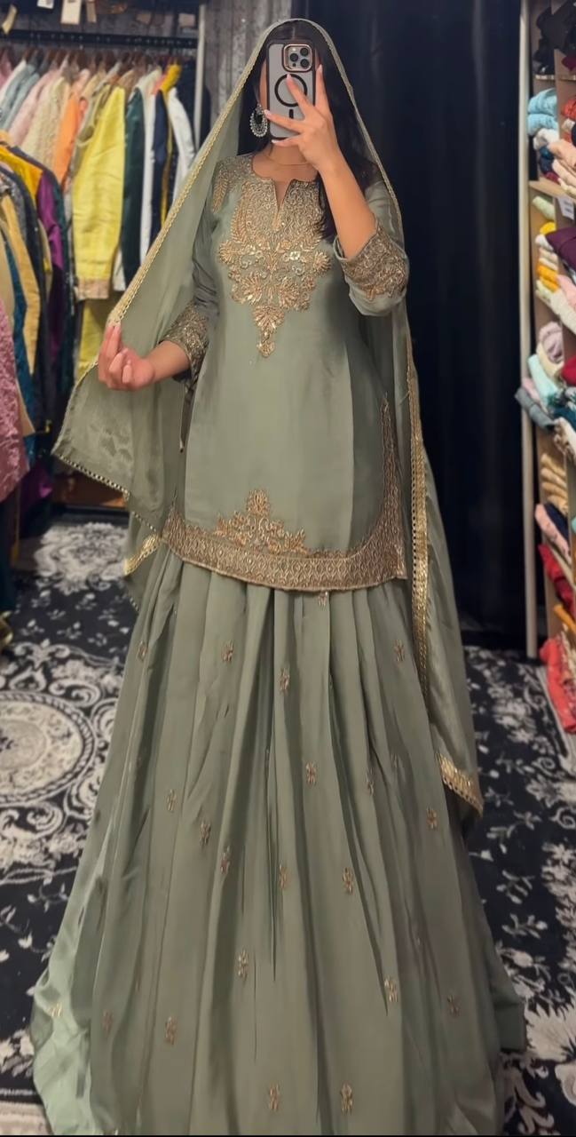 Multi-Needle Embroidery Chinnon Silk Lehenga Set with Fancy Dupatta