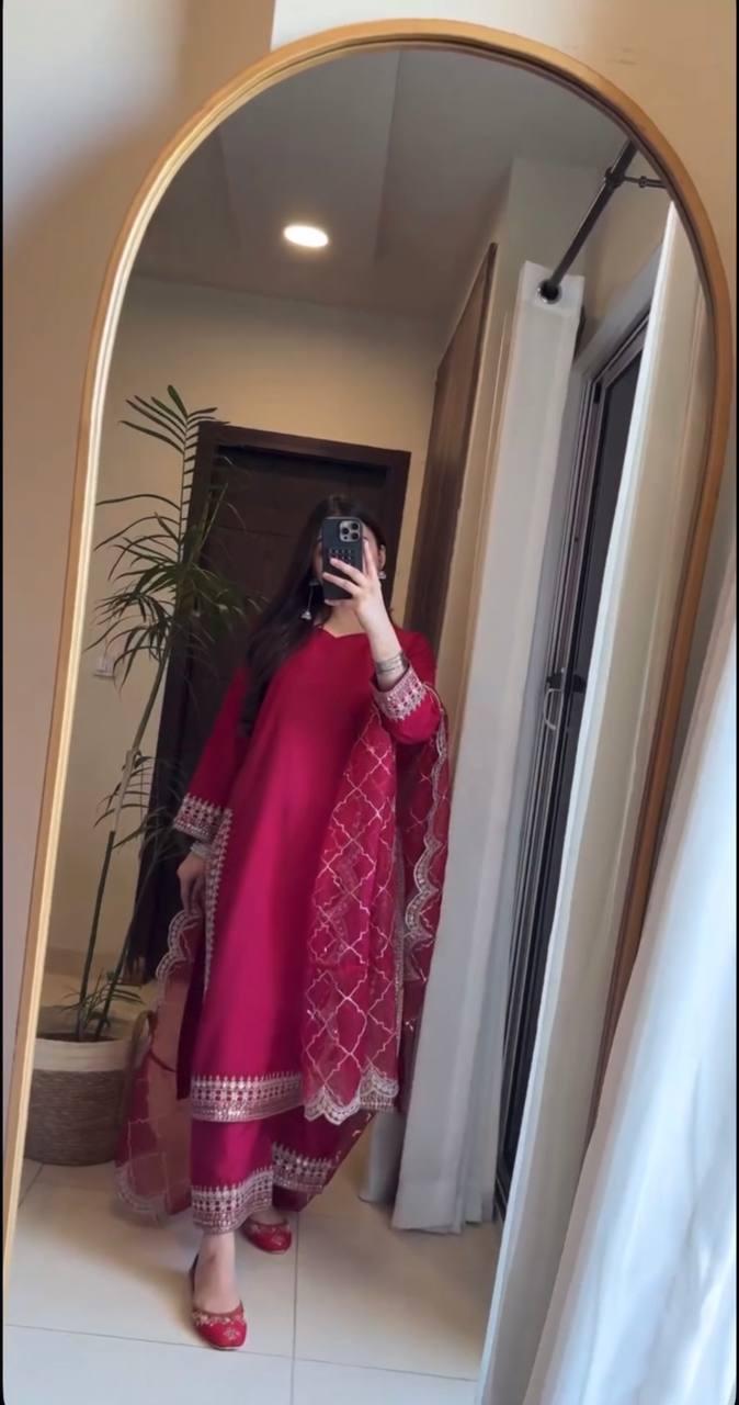 Elegant Embroidered Long Pakistani Suit in Malay Satin Silk with Ready-Made Lace Borders