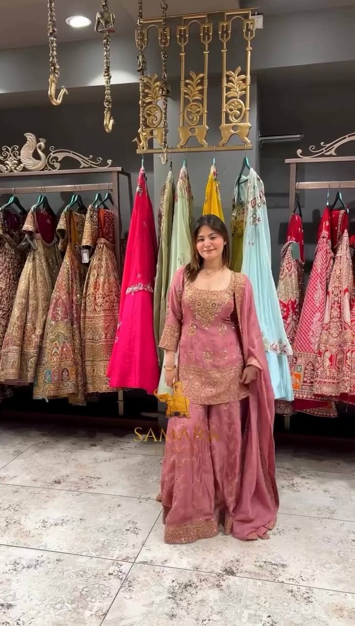 Fully Stitched Partywear Pink Chinon Silk Palazzo Set Featuring Heavy Embroidery & Sequin Detailing - Jaipur Blossom