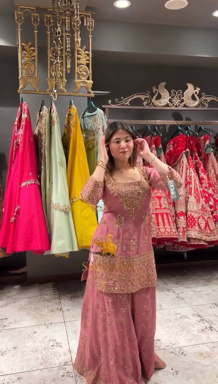 Fully Stitched Partywear Pink Chinon Silk Palazzo Set Featuring Heavy Embroidery & Sequin Detailing - Jaipur Blossom