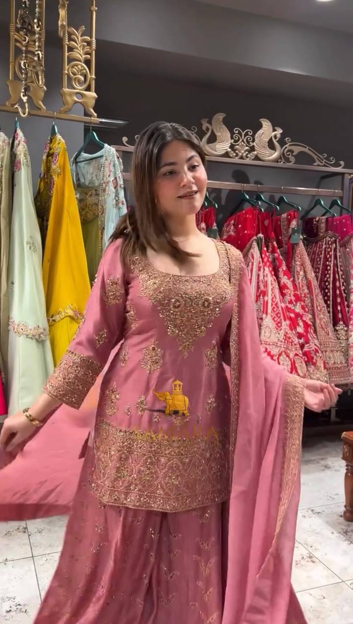 Fully Stitched Partywear Pink Chinon Silk Palazzo Set Featuring Heavy Embroidery & Sequin Detailing - Jaipur Blossom