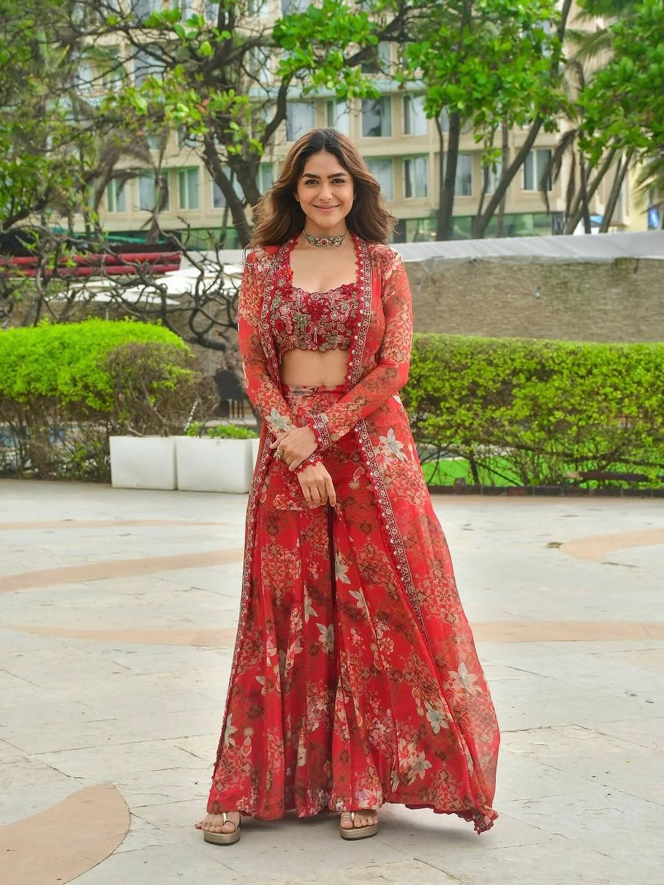 Elegant Heavy Faux Georgette Indo-Western Koti Palazzo & Blouse Set with Beautiful Floral Digital Print and Intricate 5mm Sequin Embroidery
