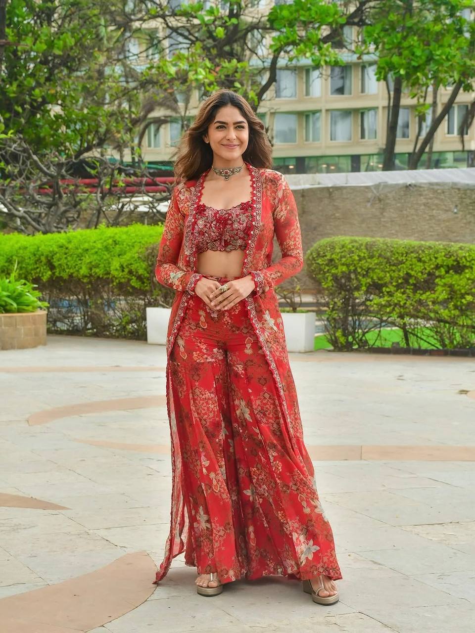 Elegant Heavy Faux Georgette Indo-Western Koti Palazzo & Blouse Set with Beautiful Floral Digital Print and Intricate 5mm Sequin Embroidery