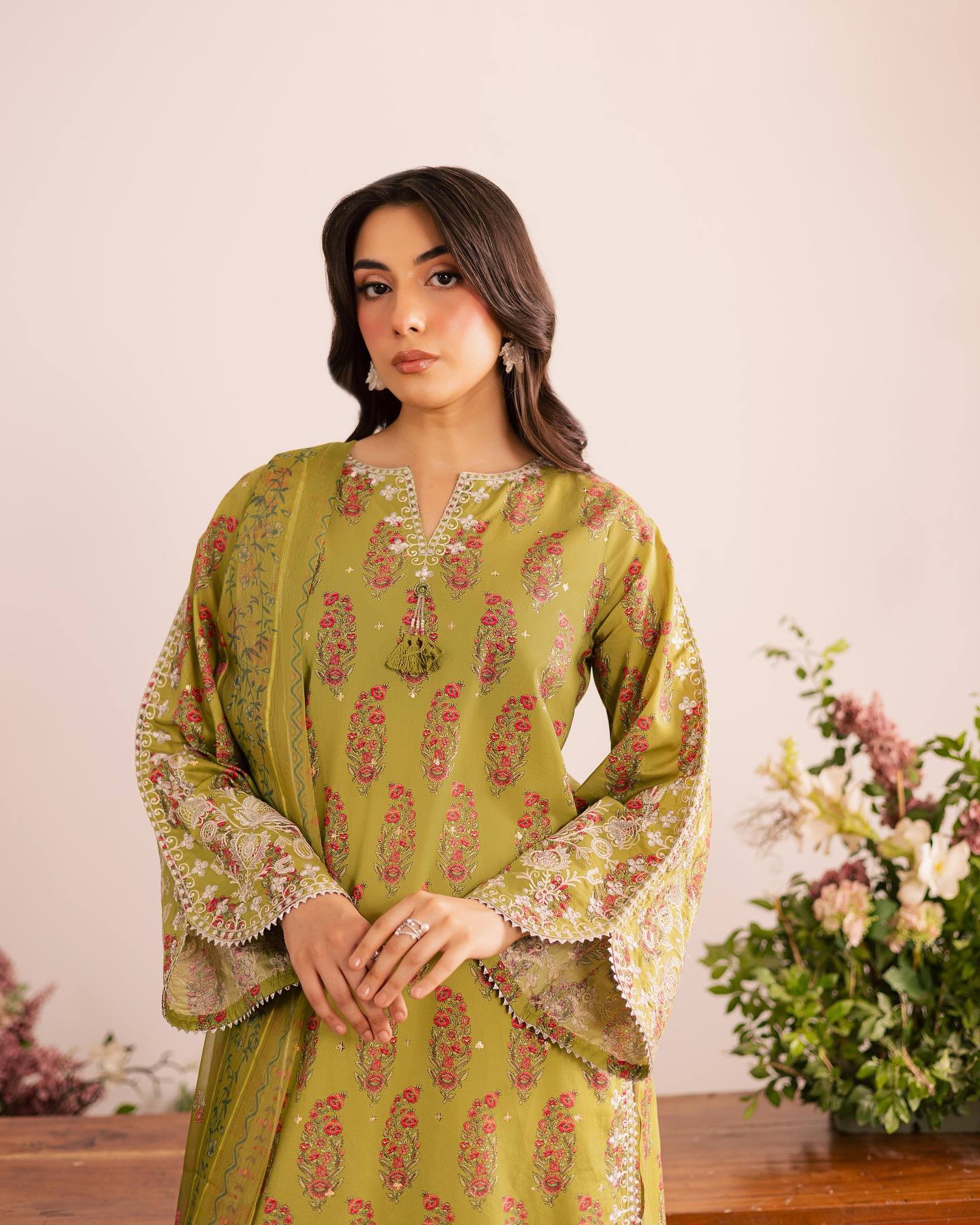 Designer Party Wear Top & Farshi Salwar Set in Heavy French Crepe with Digital Print & Embroidery