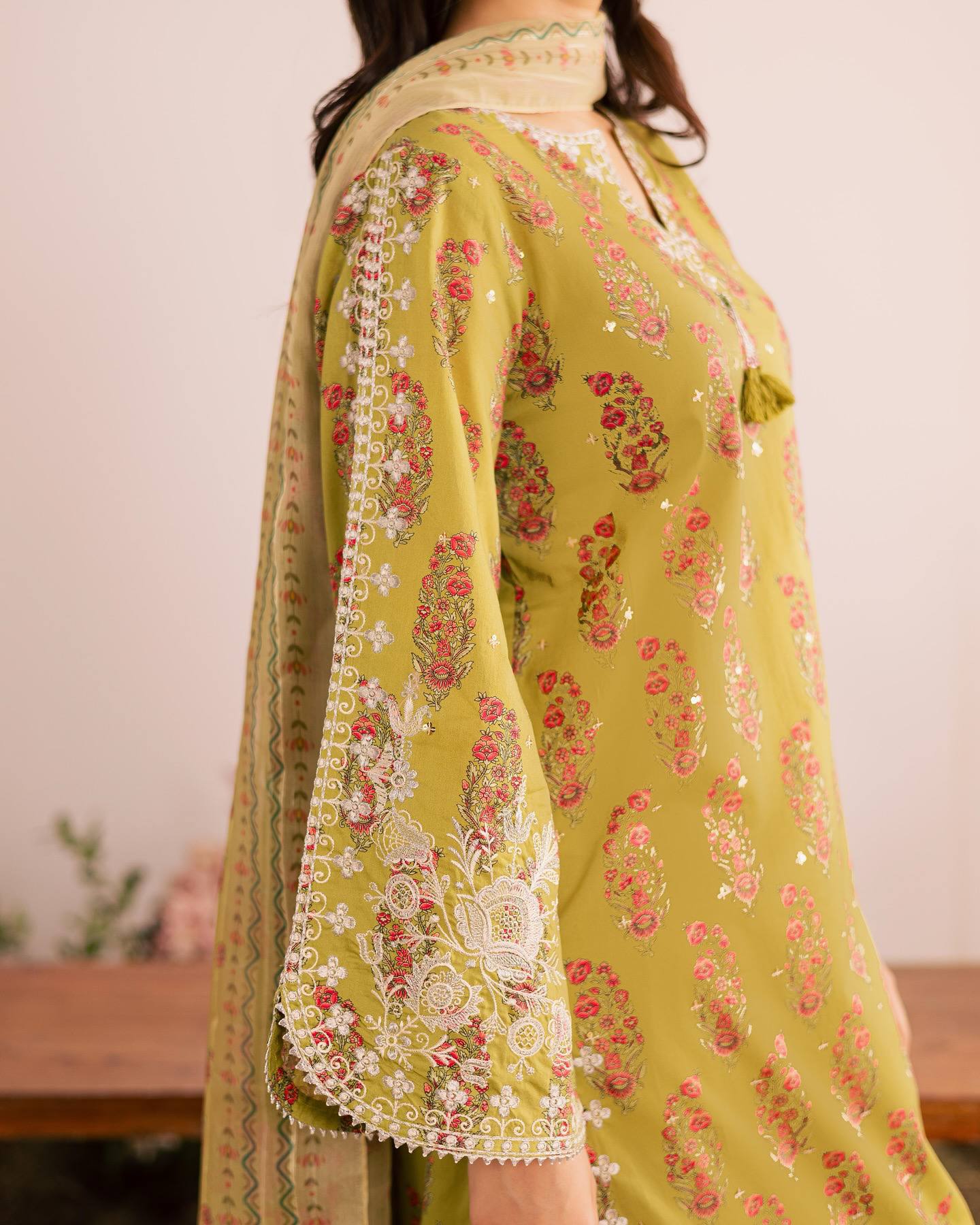 Designer Party Wear Top & Farshi Salwar Set in Heavy French Crepe with Digital Print & Embroidery