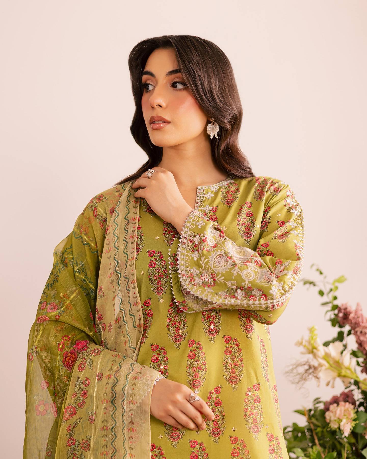 Designer Party Wear Top & Farshi Salwar Set in Heavy French Crepe with Digital Print & Embroidery