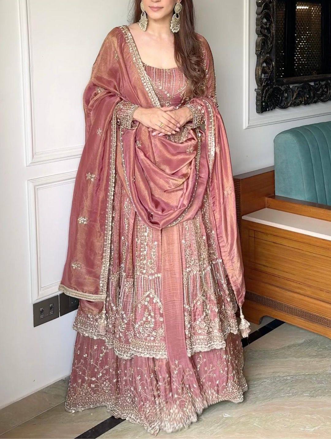 Embroidered Full Sleeve Gown Set with Coordinated Lehenga in Party Wear Style