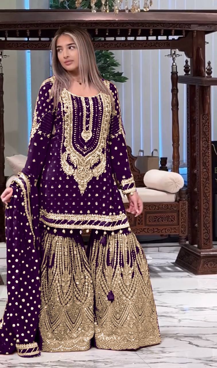 Heavy Embroidered Faux Georgette Suit with 5mm Sequins and Latkan Border