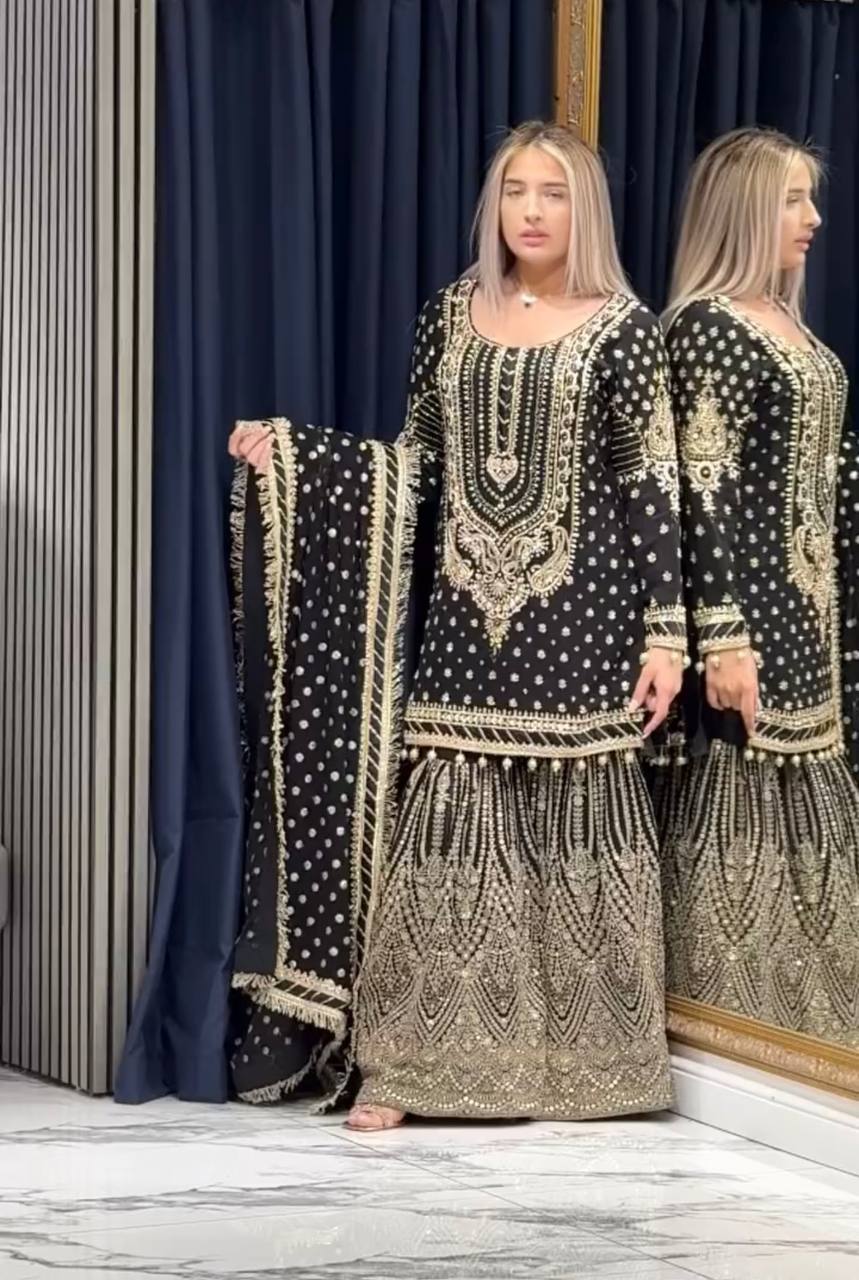Heavy Embroidered Faux Georgette Suit with 5mm Sequins and Latkan Border