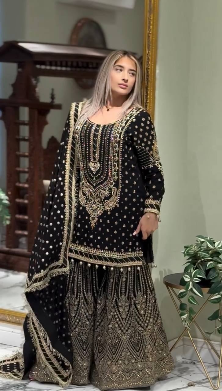Heavy Embroidered Faux Georgette Suit with 5mm Sequins and Latkan Border