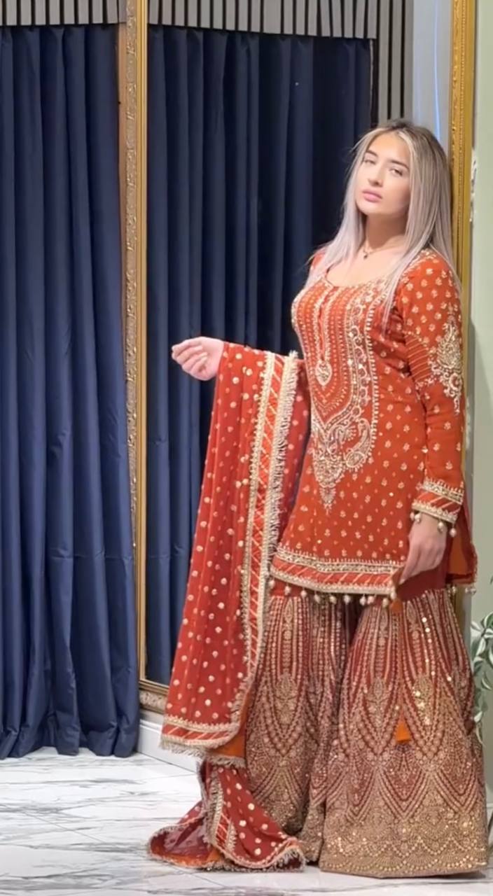 Heavy Embroidered Faux Georgette Suit with 5mm Sequins and Latkan Border