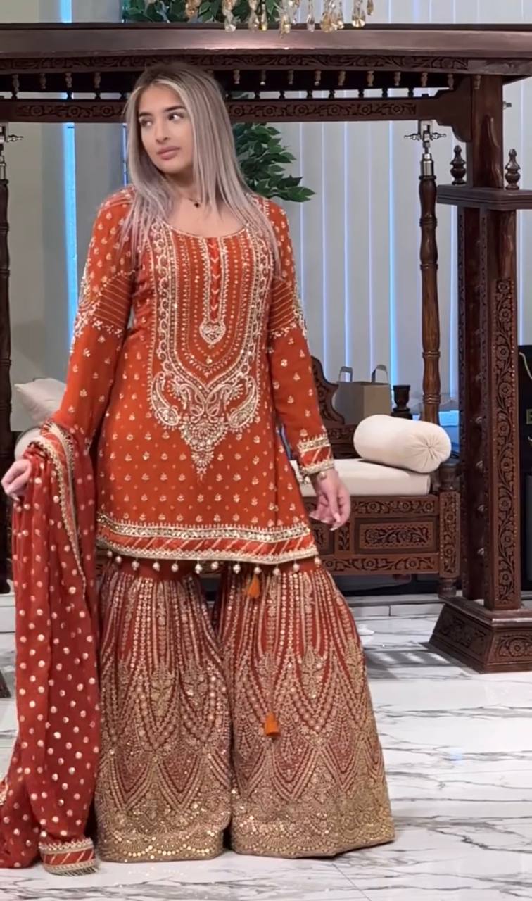 Heavy Embroidered Faux Georgette Suit with 5mm Sequins and Latkan Border