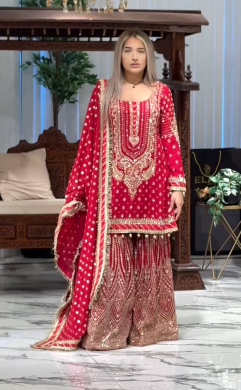 Heavy Embroidered Faux Georgette Suit with 5mm Sequins and Latkan Border