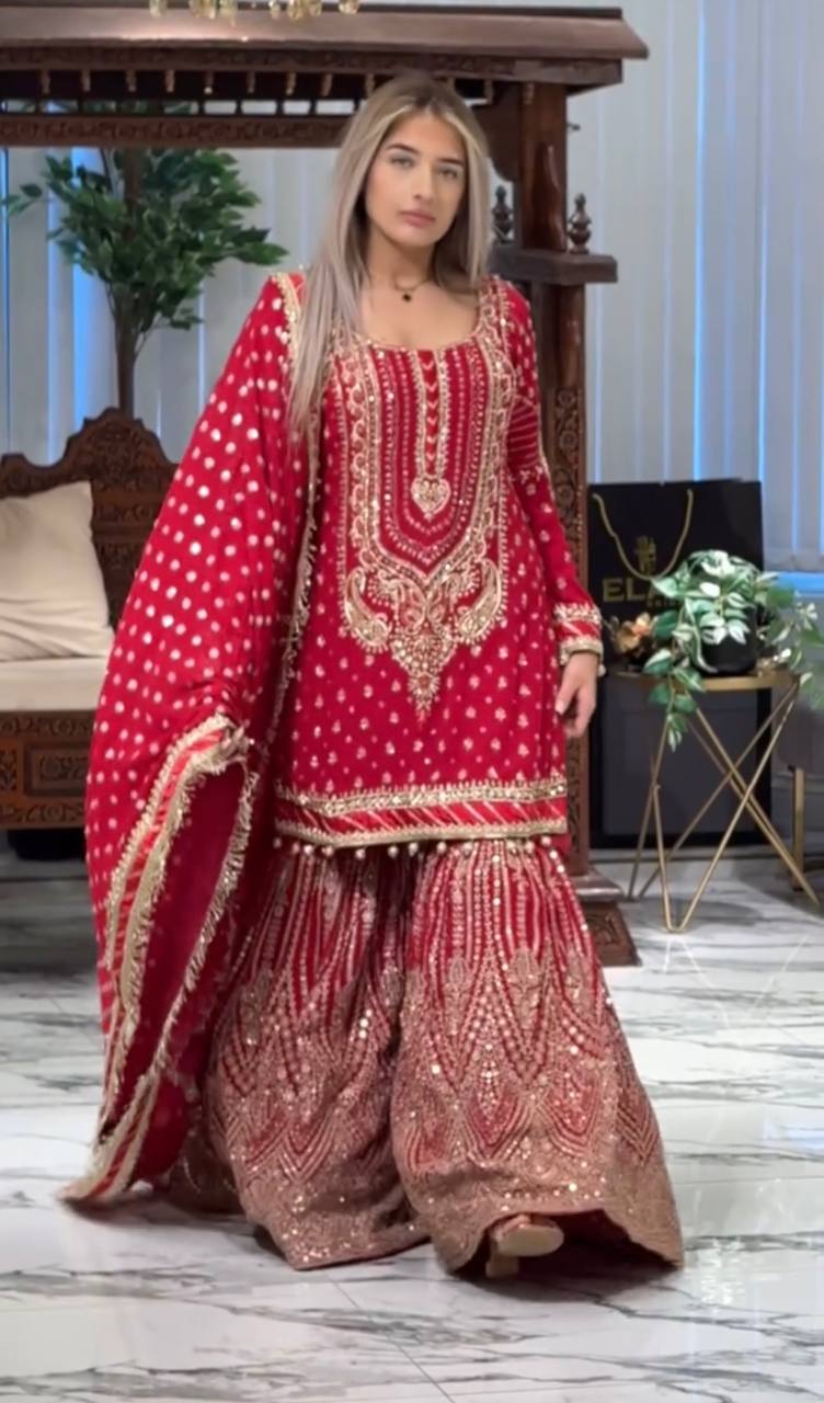 Heavy Embroidered Faux Georgette Suit with 5mm Sequins and Latkan Border