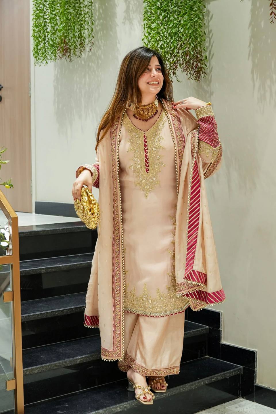 Elegant Chinon Silk Party Wear Outfit with Embroidered Top and Coordinated Bottom