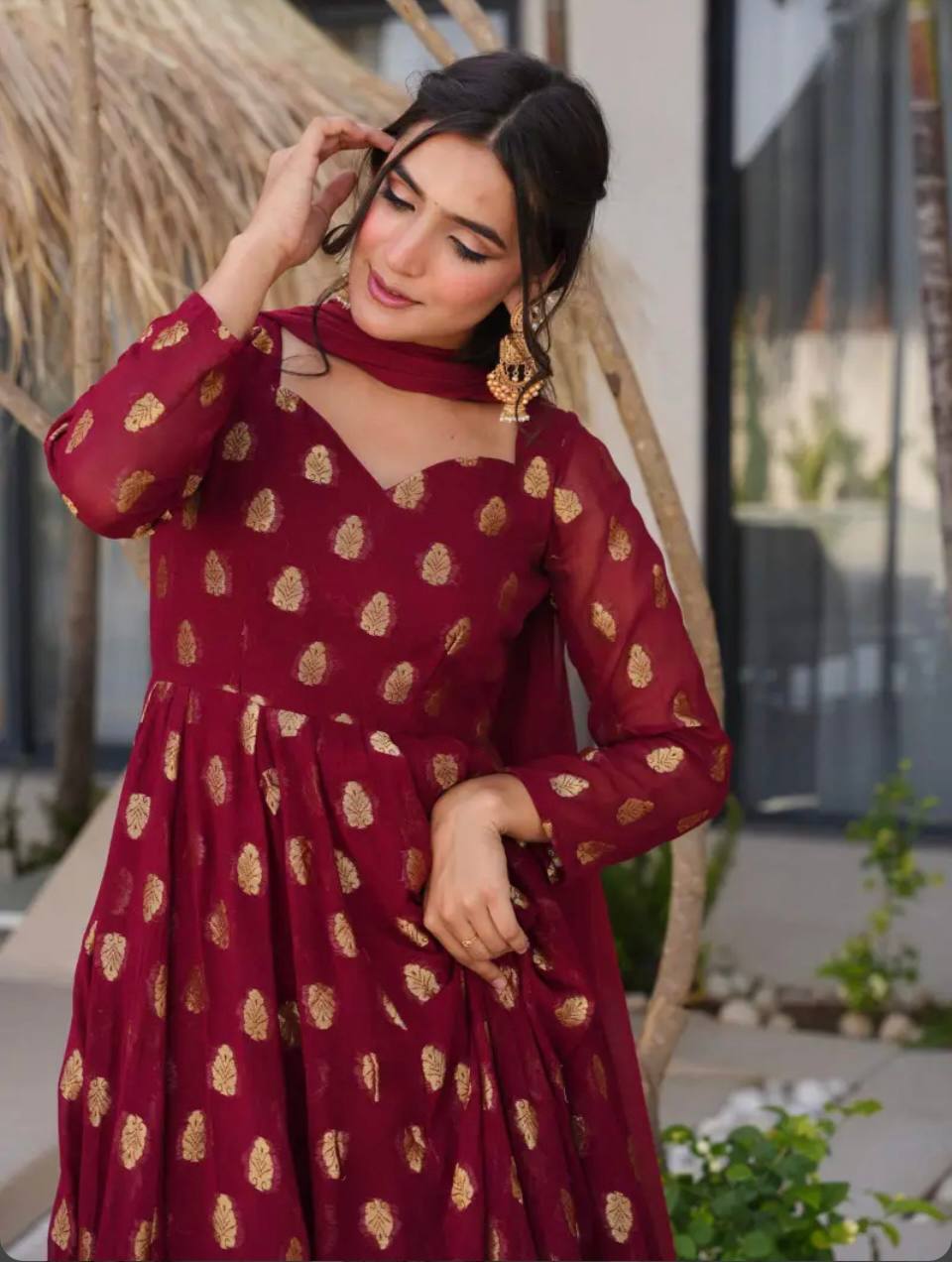 Premium Designer Heavy Faux Georgette Gown & Pant Set with Beautiful Embroidery Work and Graceful Full Sleeves