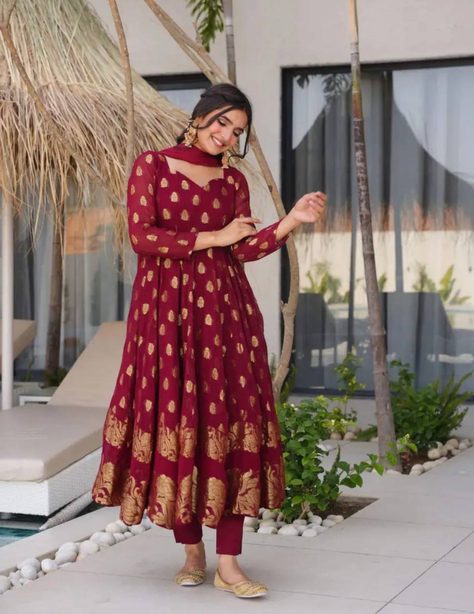 Premium Designer Heavy Faux Georgette Gown & Pant Set with Beautiful Embroidery Work and Graceful Full Sleeves