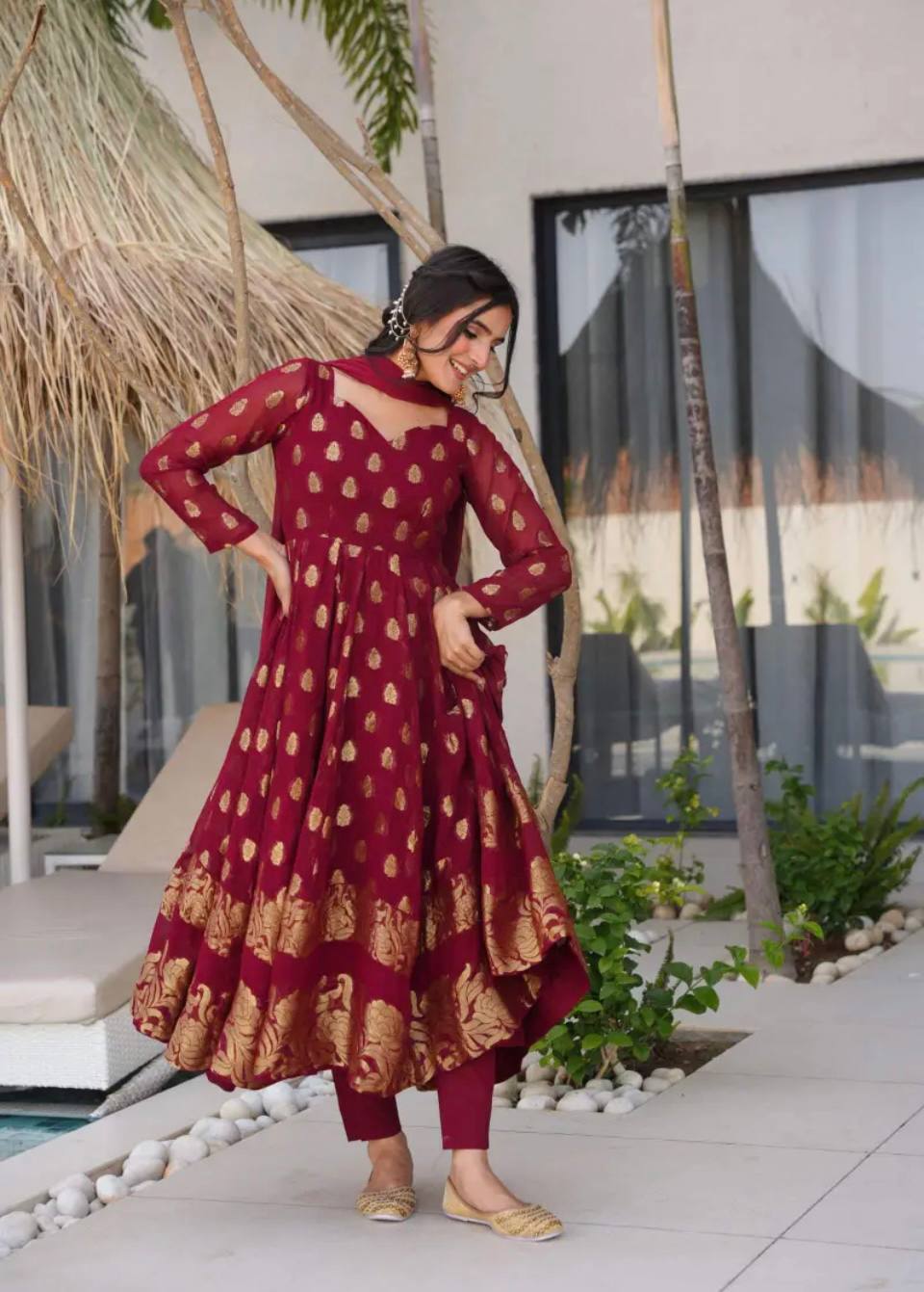 Premium Designer Heavy Faux Georgette Gown & Pant Set with Beautiful Embroidery Work and Graceful Full Sleeves