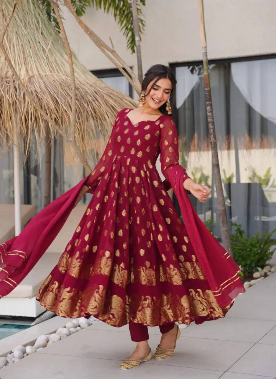 Premium Designer Heavy Faux Georgette Gown & Pant Set with Beautiful Embroidery Work and Graceful Full Sleeves