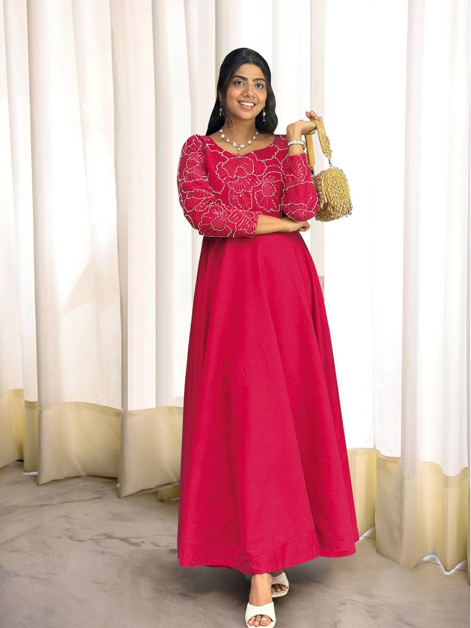 Showroom Finished Designer Gown Crafted in Heavy Roman Silk with Elegant Sleeve Detailing