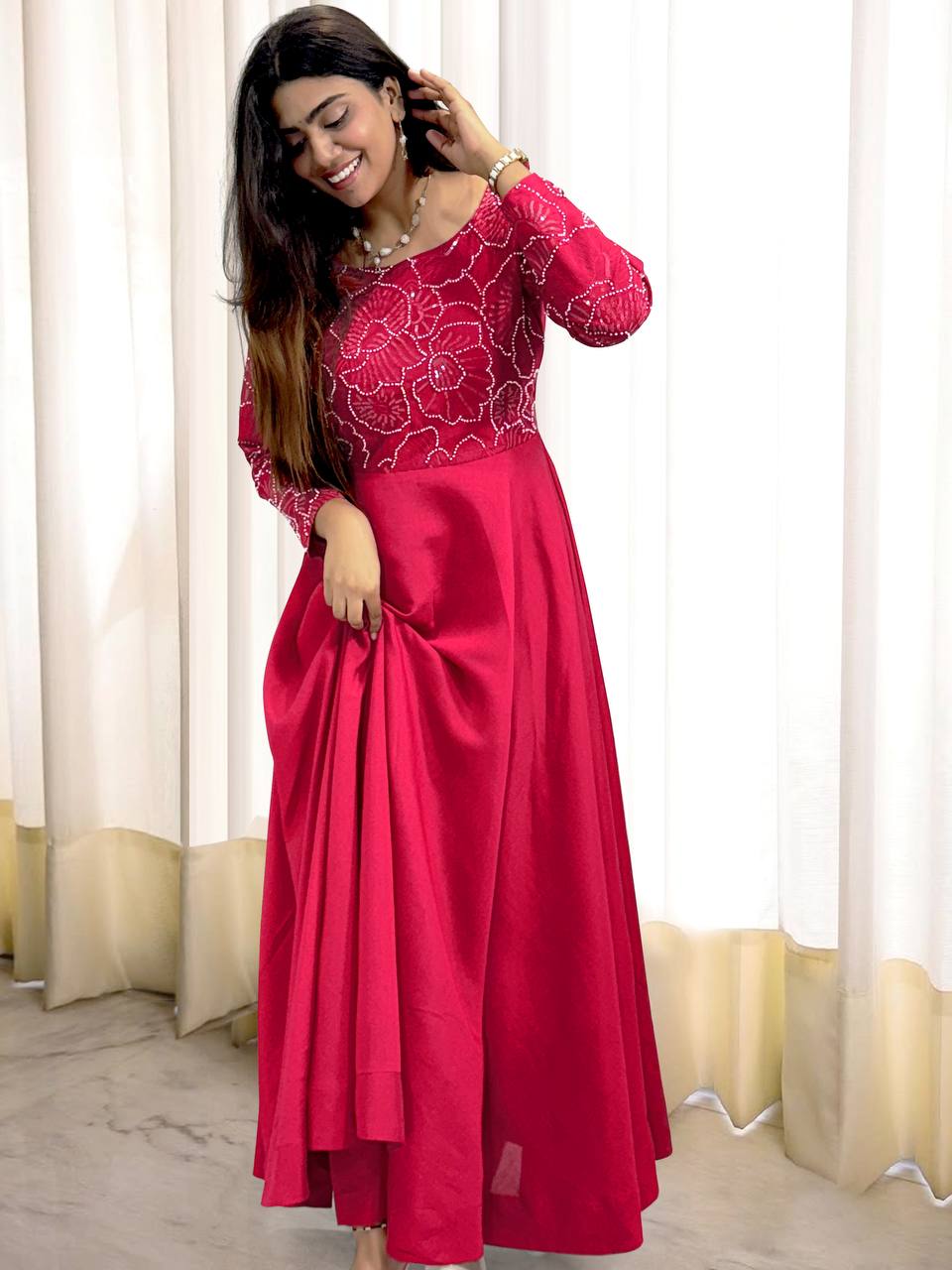 Showroom Finished Designer Gown Crafted in Heavy Roman Silk with Elegant Sleeve Detailing