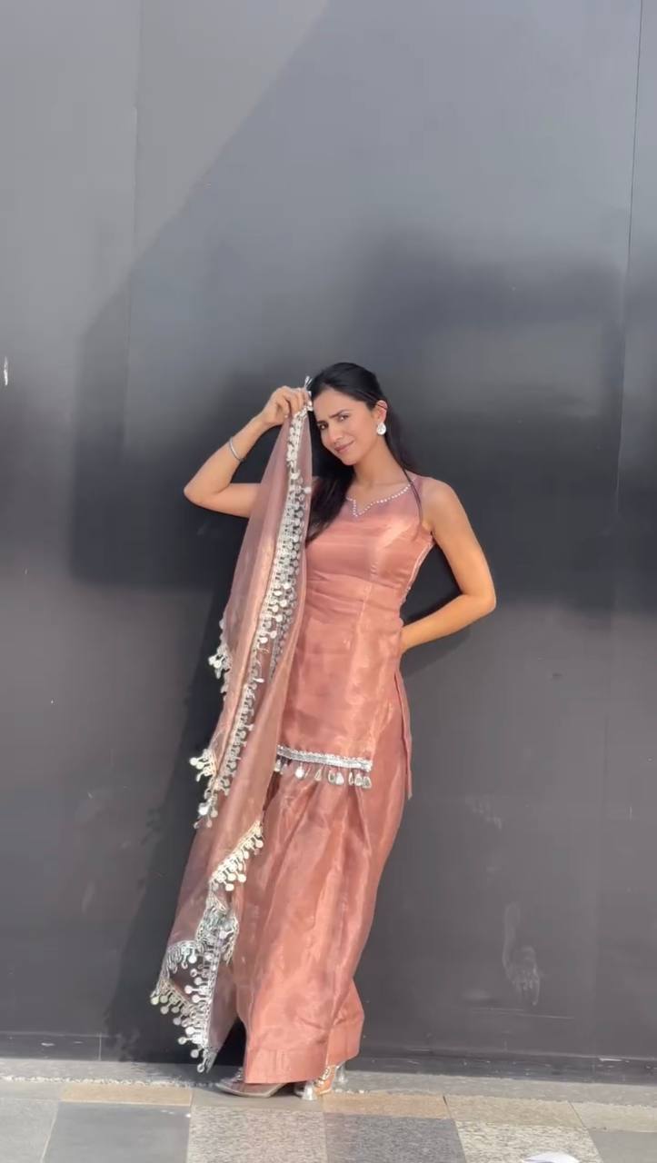 Designer Pink Frendy Silk Set with Stone Hand Embroidery and Real Mirror Lace Border