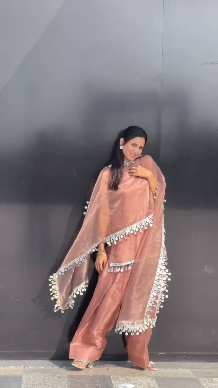 Designer Pink Frendy Silk Set with Stone Hand Embroidery and Real Mirror Lace Border