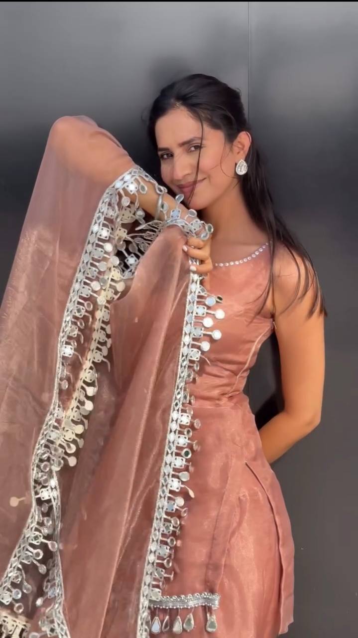 Designer Pink Frendy Silk Set with Stone Hand Embroidery and Real Mirror Lace Border