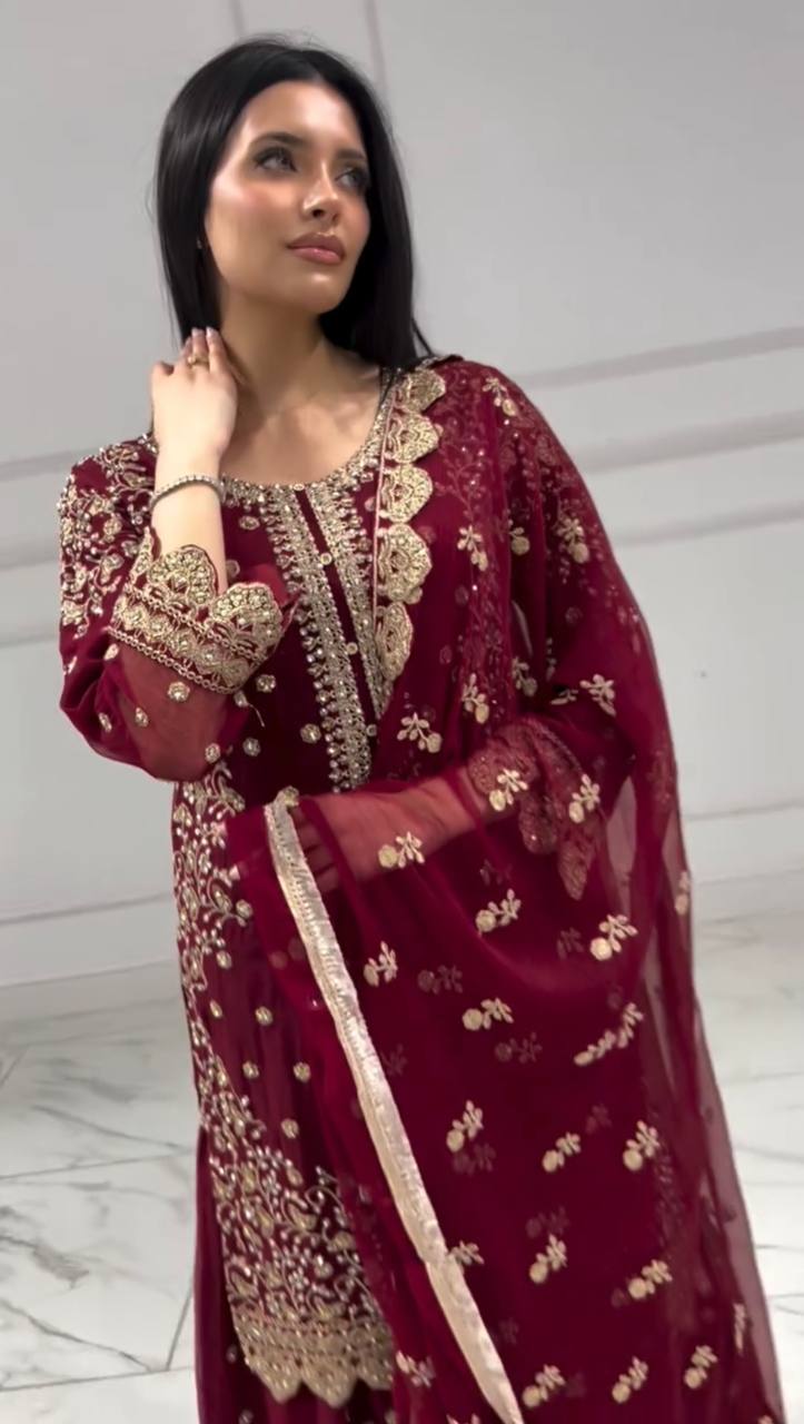 Premium Designer Faux Georgette Top-Plazzo Set with Heavy Embroidery and Cut Work