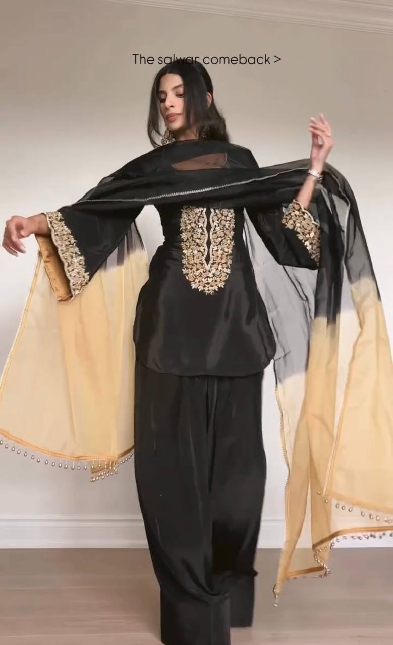 Designer Look Party Wear Outfit with Embroidered Top & Satin Farshi Plazzo