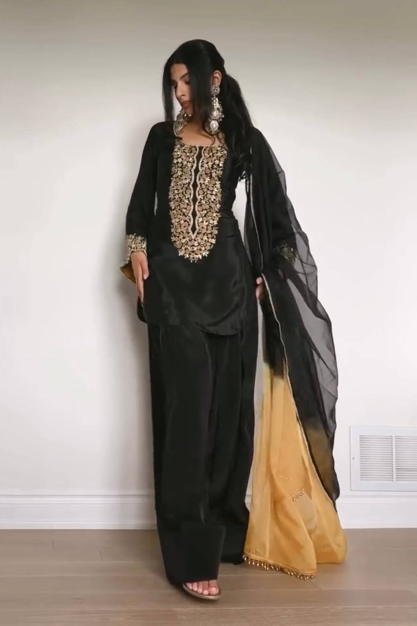 Designer Look Party Wear Outfit with Embroidered Top & Satin Farshi Plazzo